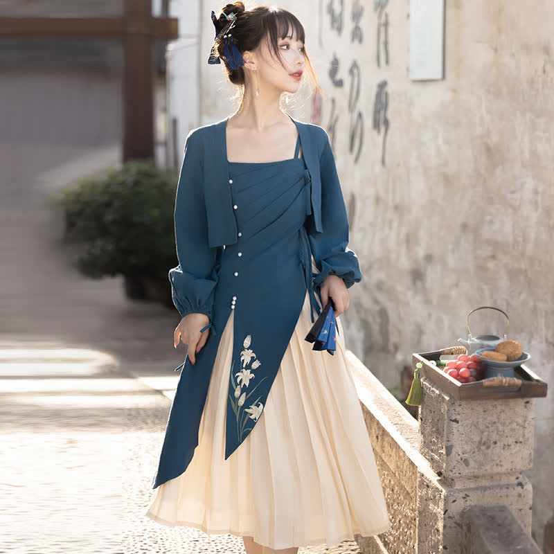 Pure Color Top Floral Embroidery Colorblock Pleated Slip Dress