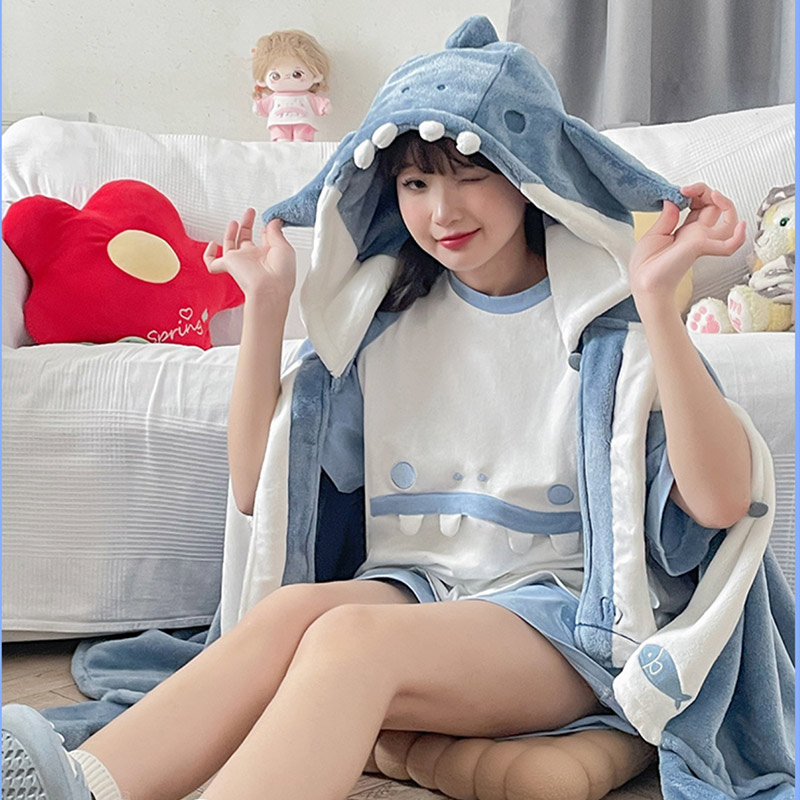 Cartoon Shark Blanket Soft Cozy Shark Shawl Cape Hooded Wearable