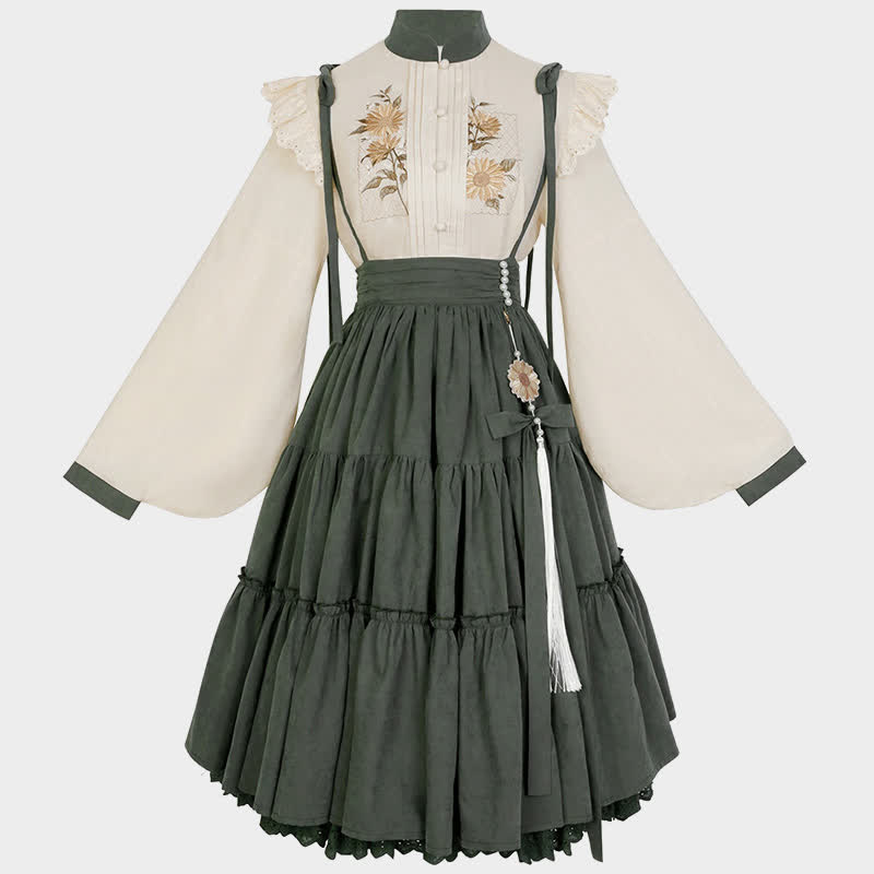 Han Costume Vintage Sunflower Embroidery Two Pieces Set
