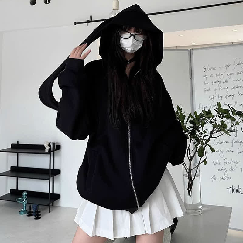 Kawaii Long Bunny Ears Pure Color Zipper Hooded Sweatshirt