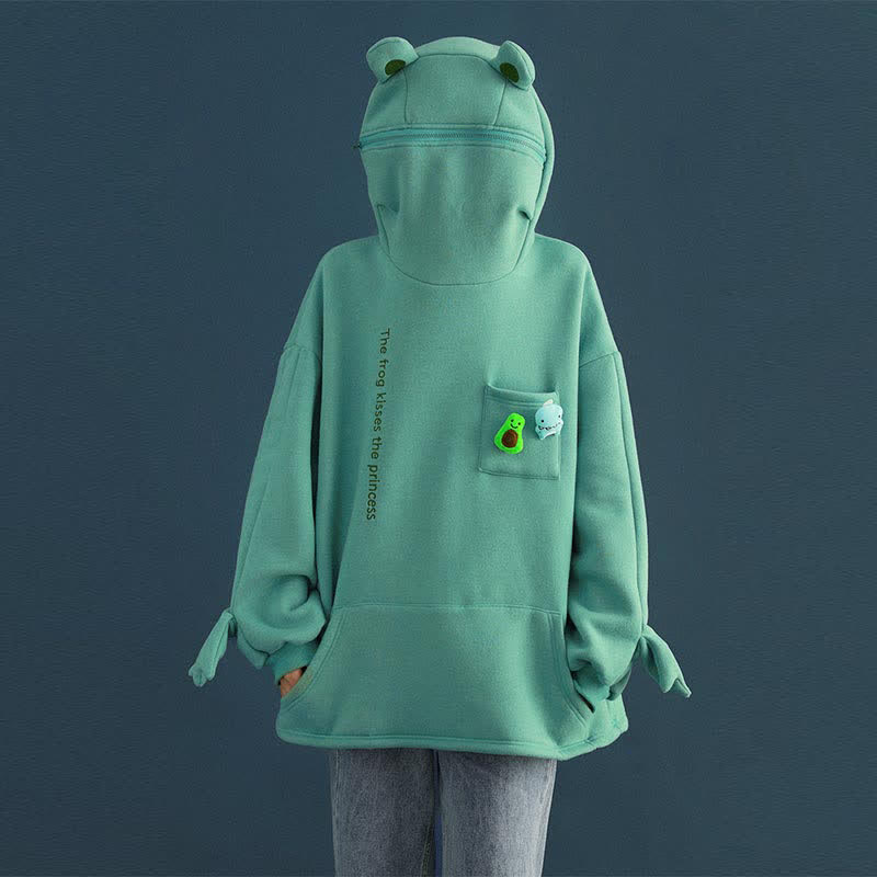 Frog Letter Zipper Pocket Oversized Hoodie THE FROG KISSES THE