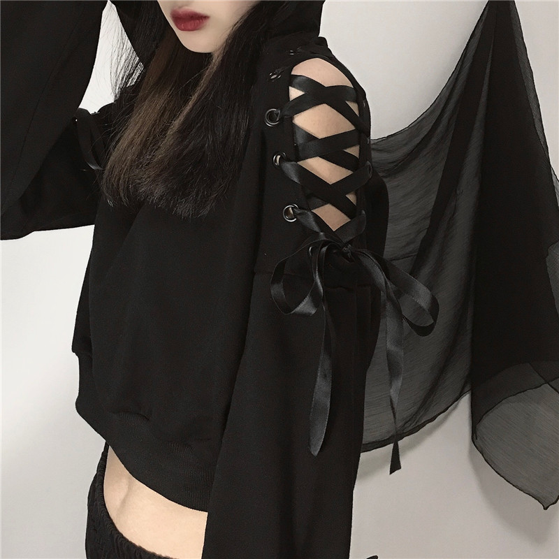 Cat Ears Lace Up Short Hoodie Black