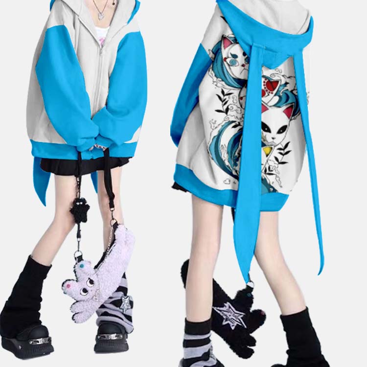 Modakawa Vintage Fox Print Zipper Long Bunny Ears Hoodie MODAKAWA