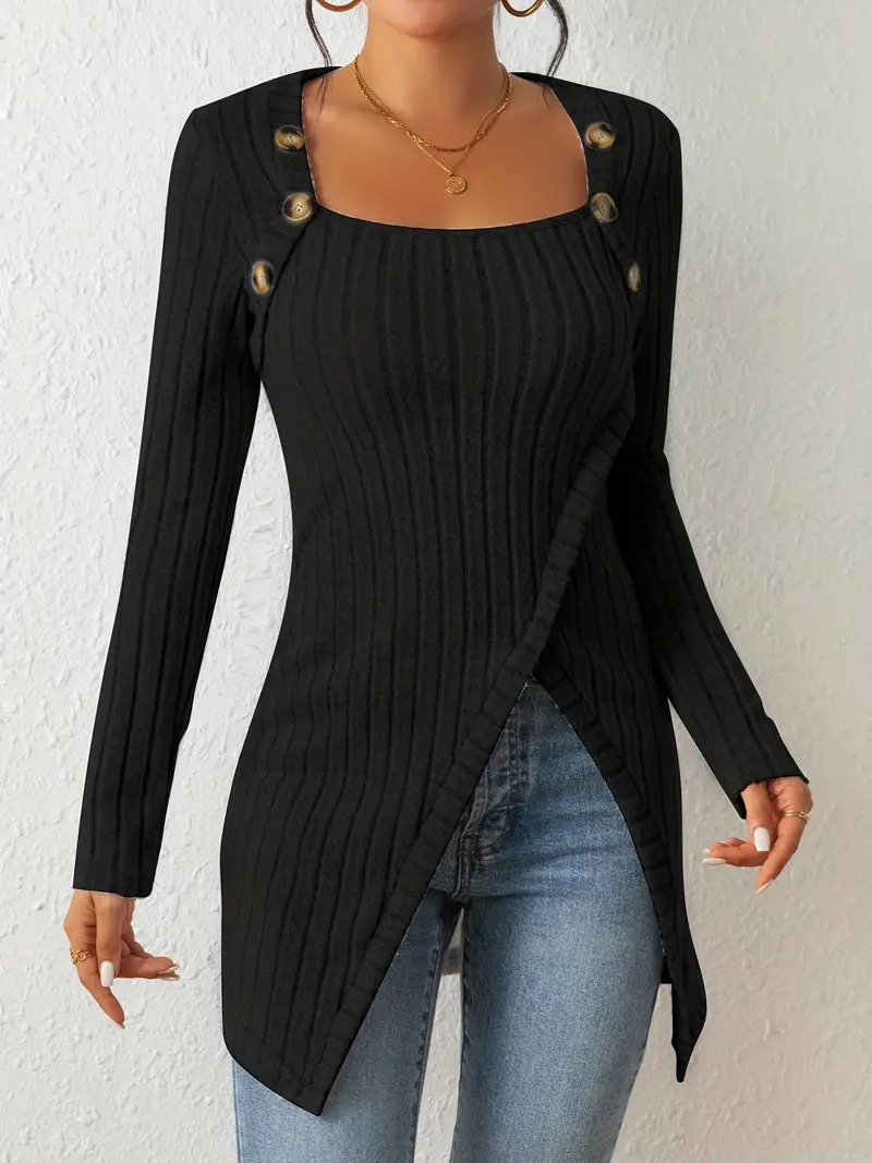 ribbed button decor asymmetrical hem t shirt casual long sleeve top for spring fall womens clothing details 30