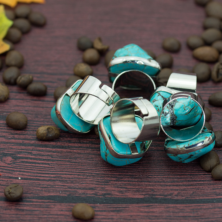 Turquoise Gemstone Rings for Women Girls Adjustable Fashion Silver Alloy Metal Ring