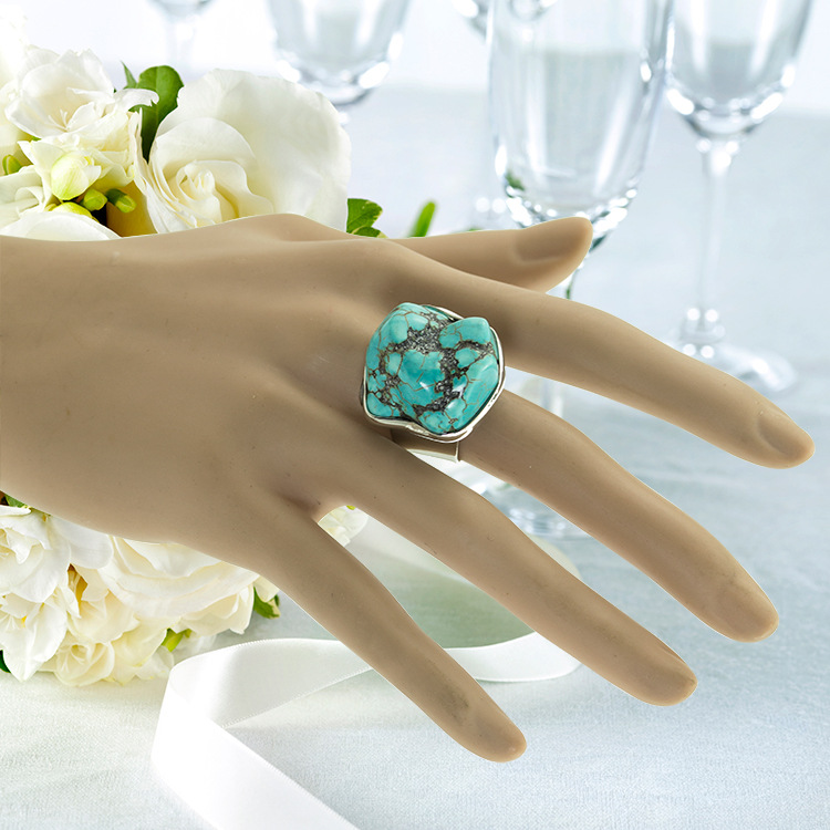 Turquoise Gemstone Rings for Women Girls Adjustable Fashion Silver Alloy Metal Ring