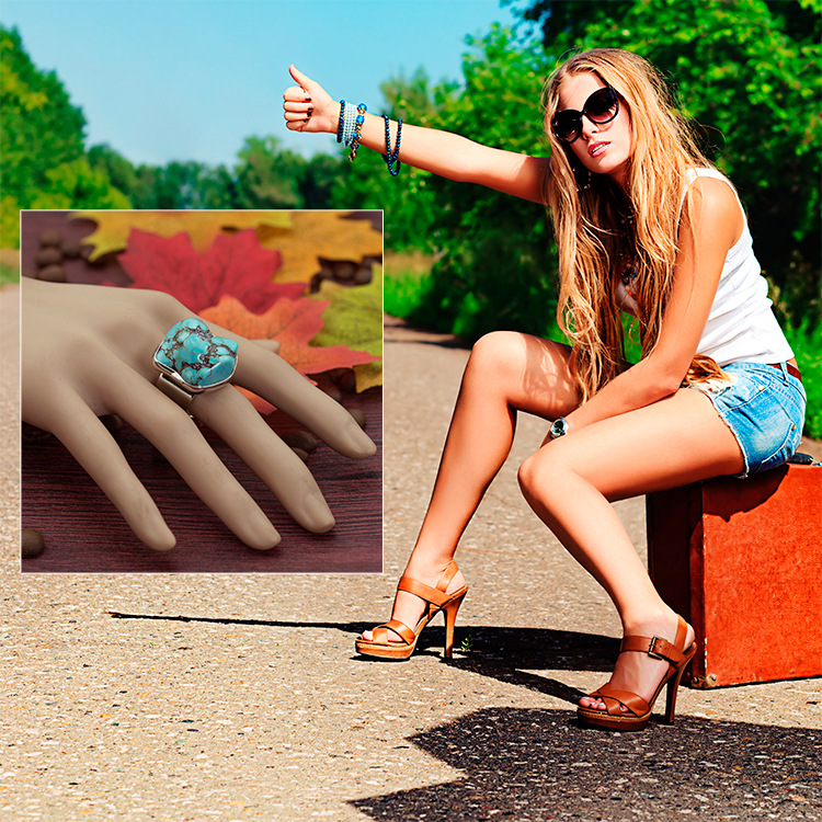 Turquoise Gemstone Rings for Women Girls Adjustable Fashion Silver Alloy Metal Ring