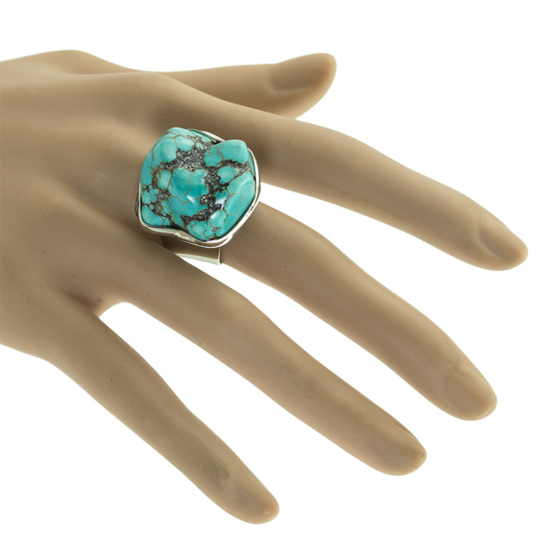 Turquoise Gemstone Rings for Women Girls Adjustable Fashion Silver Alloy Metal Ring