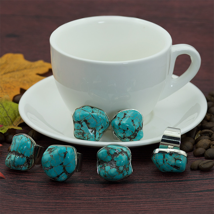 Turquoise Gemstone Rings for Women Girls Adjustable Fashion Silver Alloy Metal Ring
