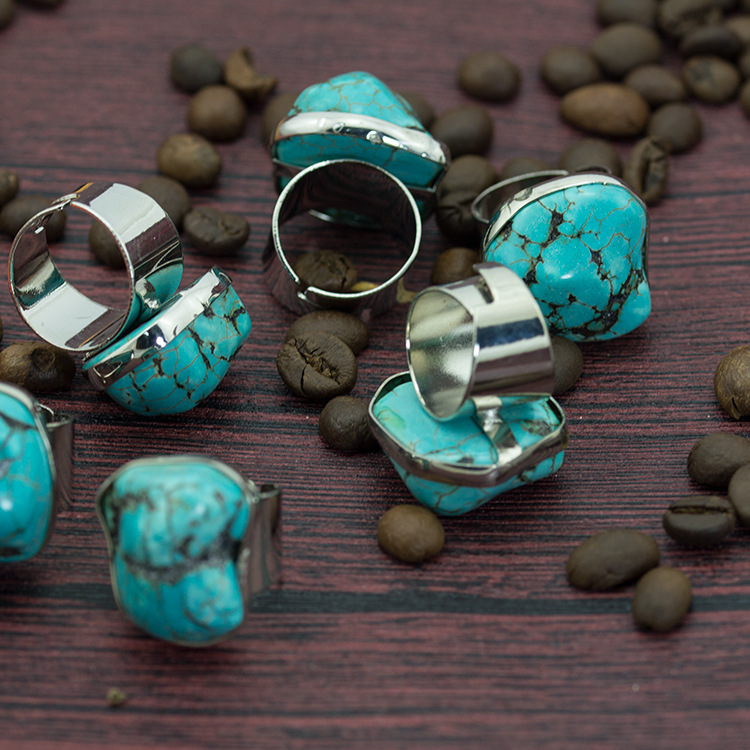 Turquoise Gemstone Rings for Women Girls Adjustable Fashion Silver Alloy Metal Ring