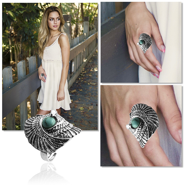 Turquoise Gemstone Rings for Women Girls Adjustable Fashion Silver Alloy Metal Ring