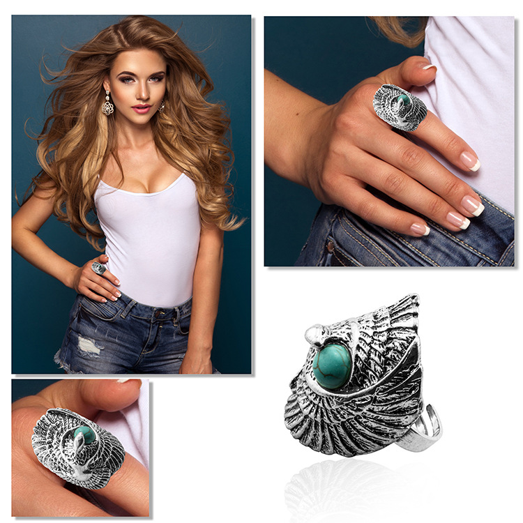 Turquoise Gemstone Rings for Women Girls Adjustable Fashion Silver Alloy Metal Ring