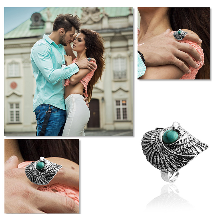 Turquoise Gemstone Rings for Women Girls Adjustable Fashion Silver Alloy Metal Ring