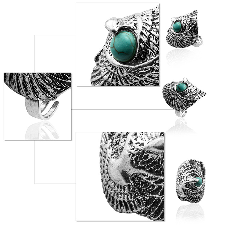 Turquoise Gemstone Rings for Women Girls Adjustable Fashion Silver Alloy Metal Ring