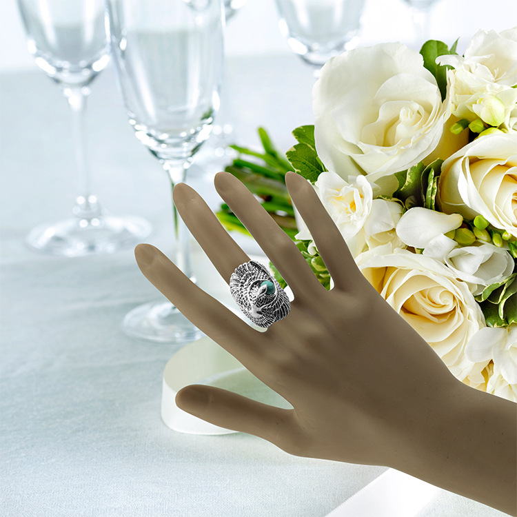 Turquoise Gemstone Rings for Women Girls Adjustable Fashion Silver Alloy Metal Ring