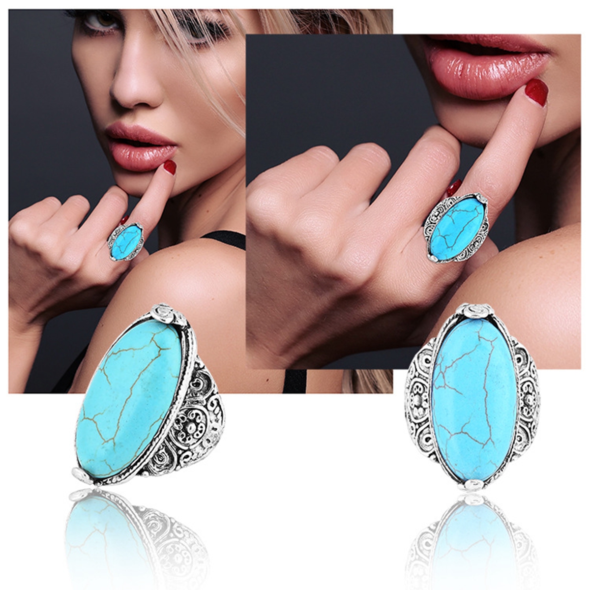 Turquoise Gemstone Rings for Women Girls Adjustable Fashion Silver Alloy Metal Ring