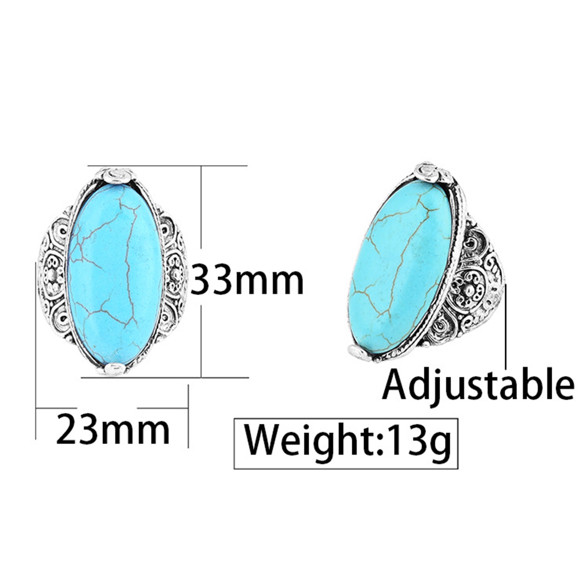 Turquoise Gemstone Rings for Women Girls Adjustable Fashion Silver Alloy Metal Ring