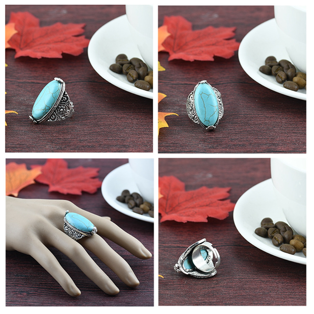Turquoise Gemstone Rings for Women Girls Adjustable Fashion Silver Alloy Metal Ring