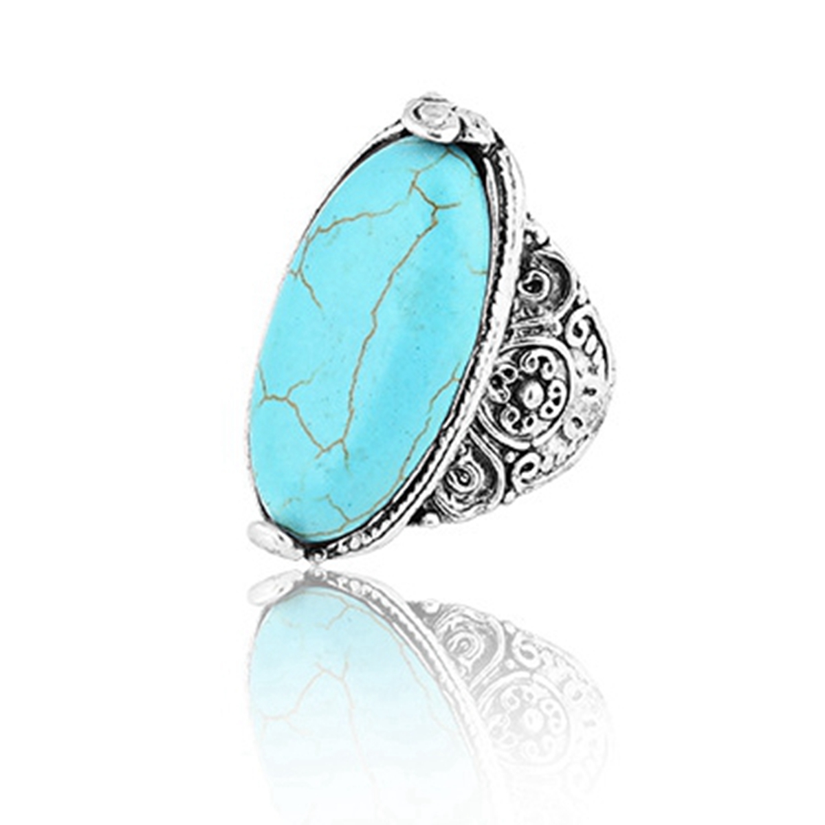Turquoise Gemstone Rings for Women Girls Adjustable Fashion Silver Alloy Metal Ring