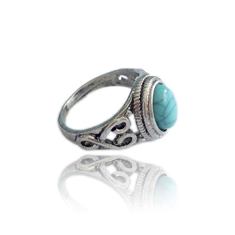 Turquoise Gemstone Rings for Women Girls Adjustable Fashion Silver Alloy Metal Ring