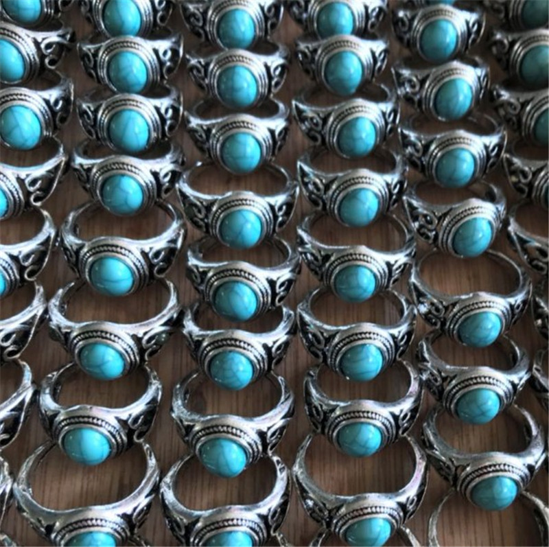 Turquoise Gemstone Rings for Women Girls Adjustable Fashion Silver Alloy Metal Ring