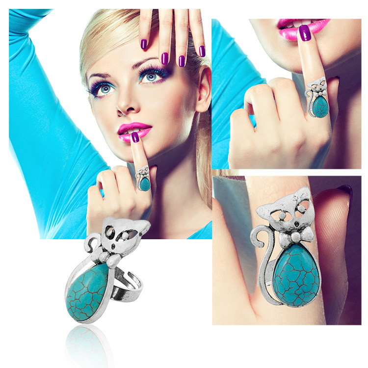 Turquoise Gemstone Rings for Women Girls Adjustable Fashion Silver Alloy Metal Ring