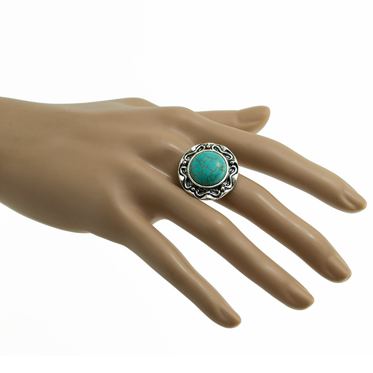 Turquoise Gemstone Rings for Women Girls Adjustable Fashion Silver Alloy Metal Ring