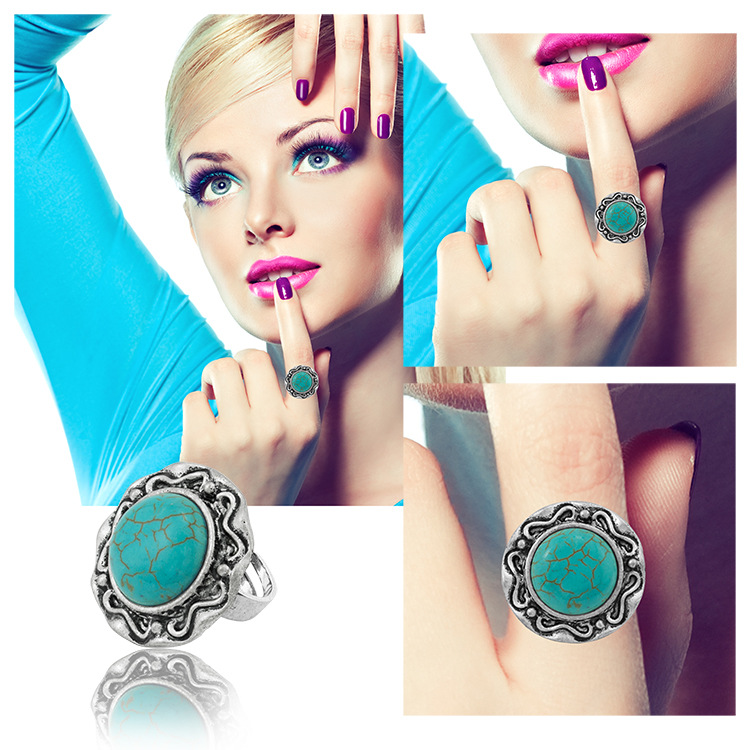 Turquoise Gemstone Rings for Women Girls Adjustable Fashion Silver Alloy Metal Ring