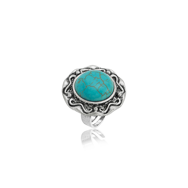 Turquoise Gemstone Rings for Women Girls Adjustable Fashion Silver Alloy Metal Ring