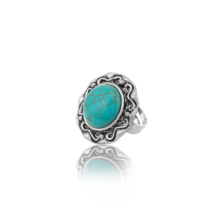 Turquoise Gemstone Rings for Women Girls Adjustable Fashion Silver Alloy Metal Ring