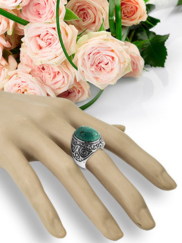 Turquoise Gemstone Rings for Women Girls Adjustable Fashion Silver Alloy Metal Ring