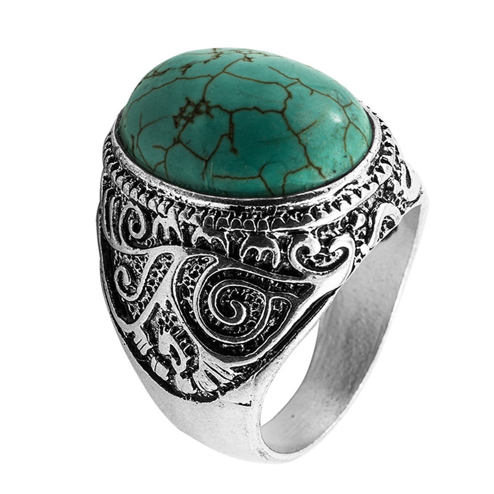 Turquoise Gemstone Rings for Women Girls Adjustable Fashion Silver Alloy Metal Ring