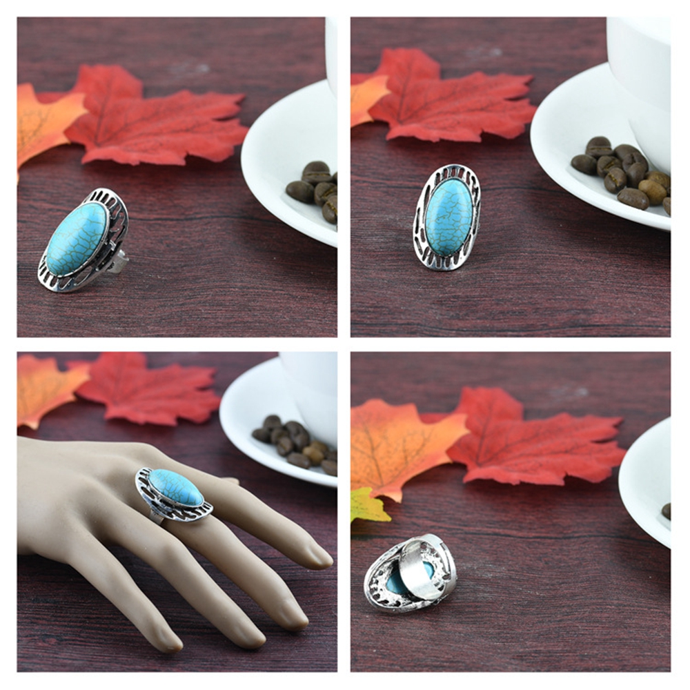 Turquoise Gemstone Rings for Women Girls Adjustable Fashion Silver Alloy Metal Ring