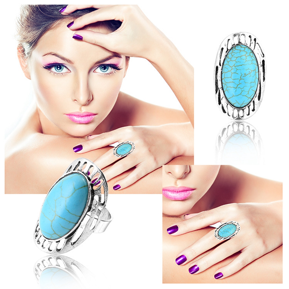 Turquoise Gemstone Rings for Women Girls Adjustable Fashion Silver Alloy Metal Ring