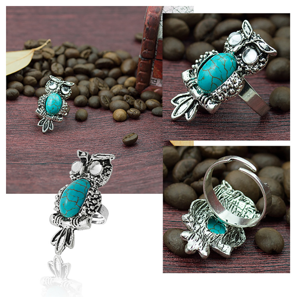 Turquoise Gemstone Rings for Women Girls Adjustable Fashion Silver Alloy Metal Ring