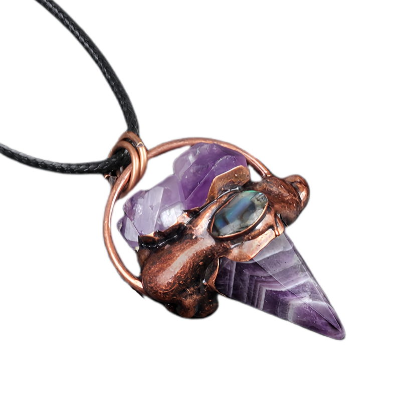 Retro Red Copper Hexagonal Pyramid Stone Pendant Necklace 45CM Black Cord