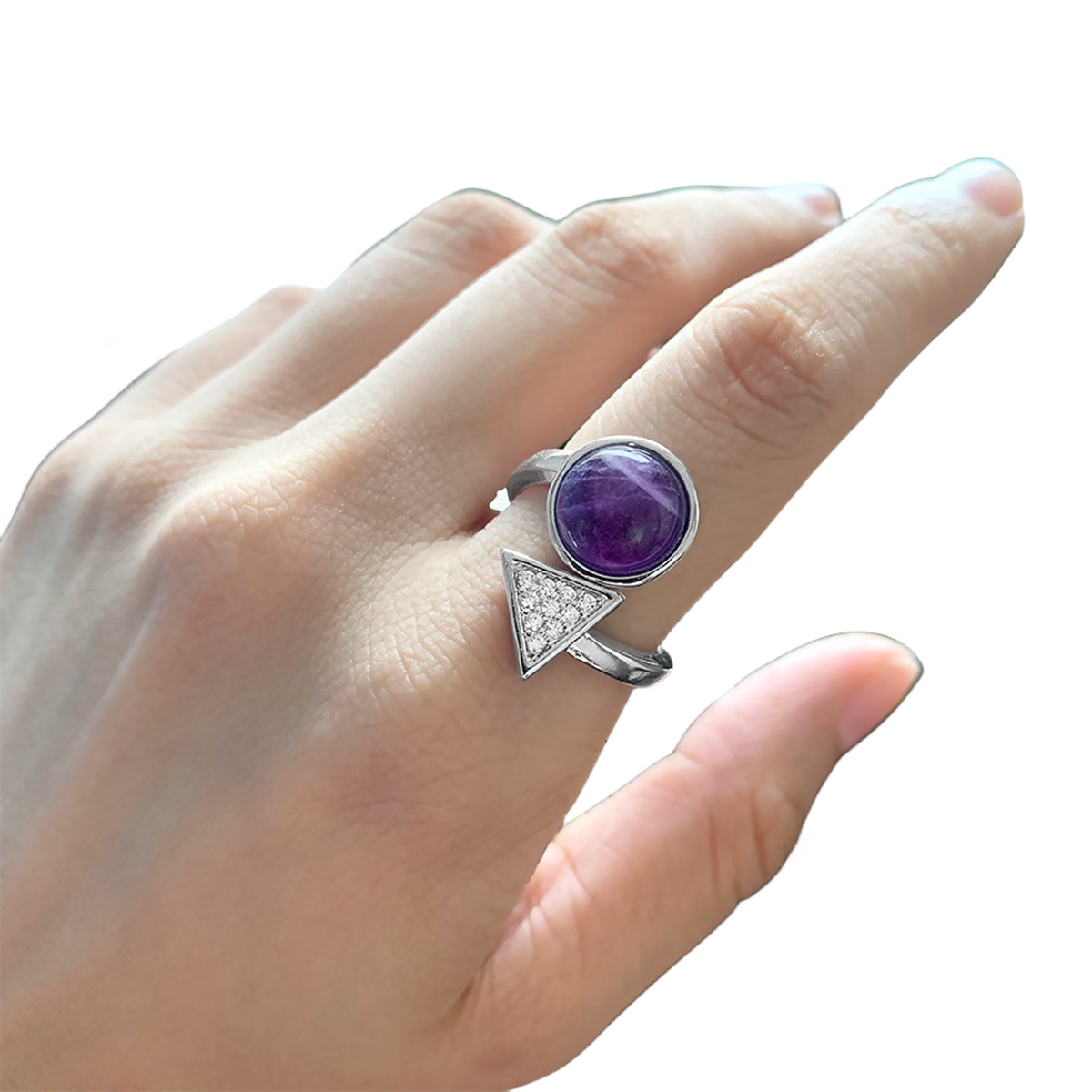 Natural Stone Triangle Rings 10MM Round Shaped Gemstone Jewelry For Women Anniversary Birthday Wedding Gift SR0159S