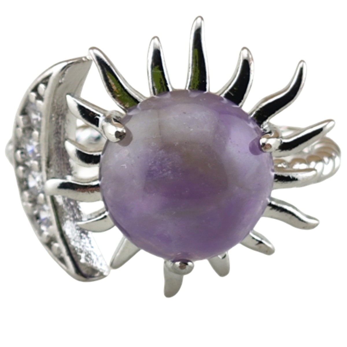 Silver Solar Stone Rings for Women Men Adjustable 10MM Gemstone Cabochons Sun Moon Rings SR0178S