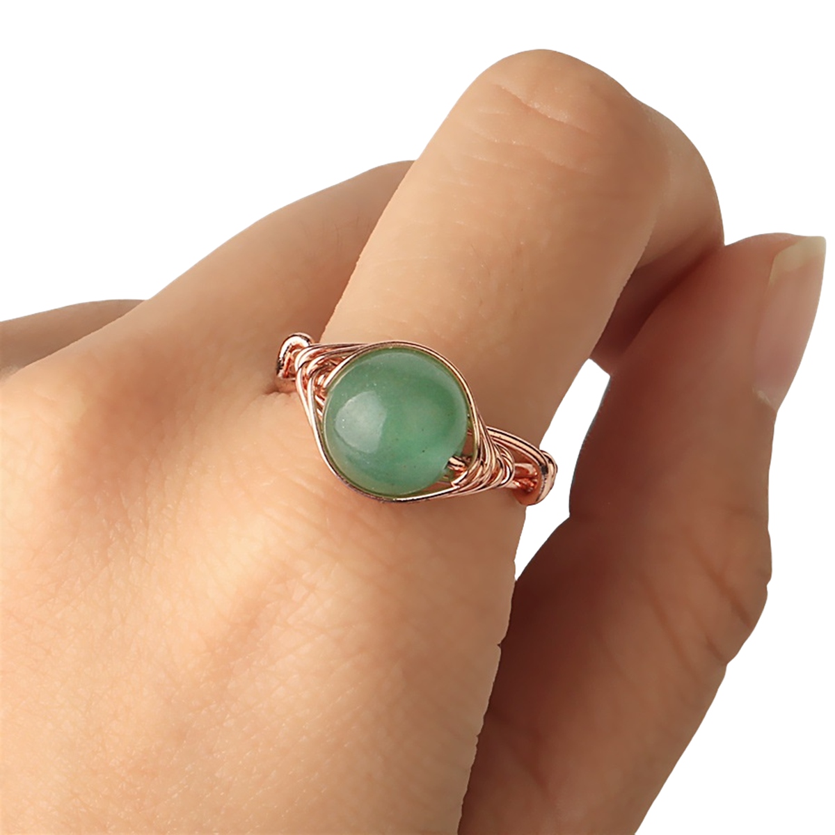 Healing Gemstone Ring for Women 10MM Beads Rose Gold Wire Wrapped Adjustable Ring SR0163 