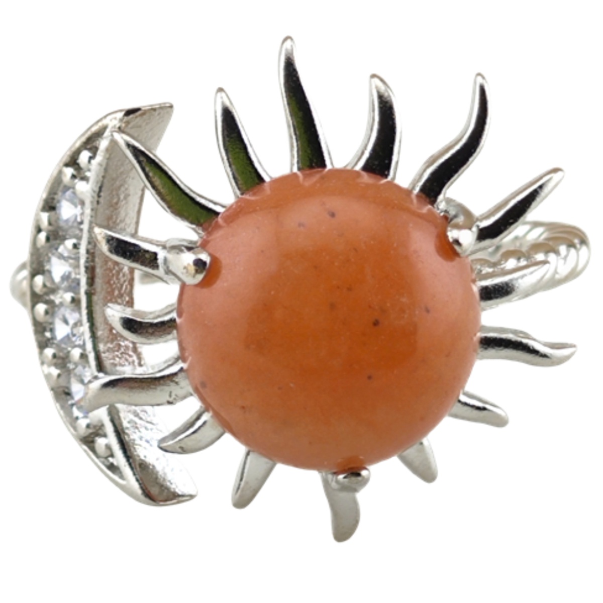 Silver Solar Stone Rings for Women Men Adjustable 10MM Gemstone Cabochons Sun Moon Rings SR0178S