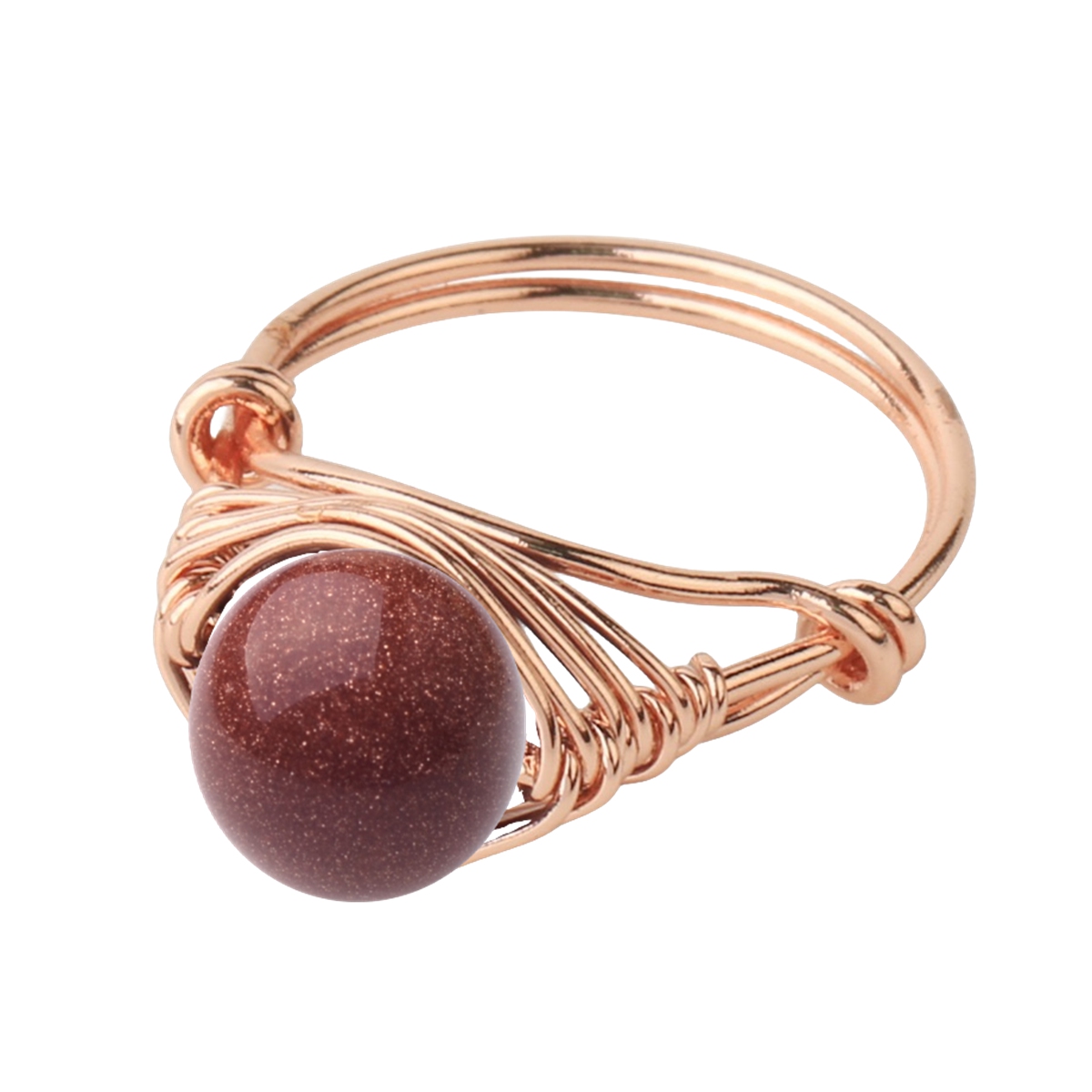 Healing Gemstone Ring for Women 10MM Beads Rose Gold Wire Wrapped Adjustable Ring SR0163 