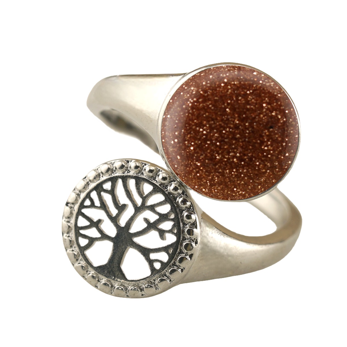 Silver Life of Tree Stone Rings for Women Men Adjustable 10MM Round Gemstone CAB SR0171S