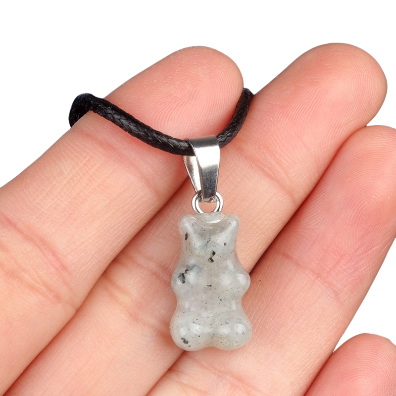 Natural Gemstone Bear Pendant Necklace 18" Black Cord 10x18MM Handmade Craved Animal 