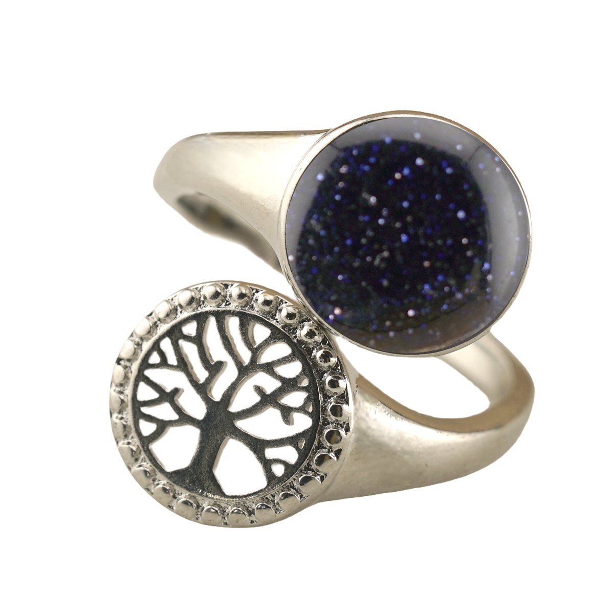 Silver Life of Tree Stone Rings for Women Men Adjustable 10MM Round Gemstone CAB SR0171S