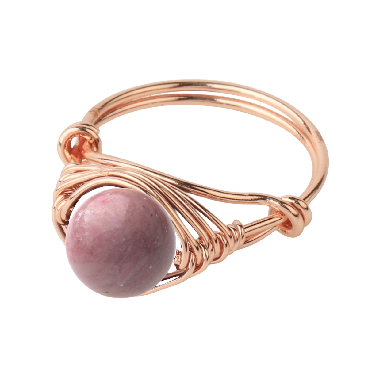 Healing Gemstone Ring for Women 10MM Beads Rose Gold Wire Wrapped Adjustable Ring SR0163 