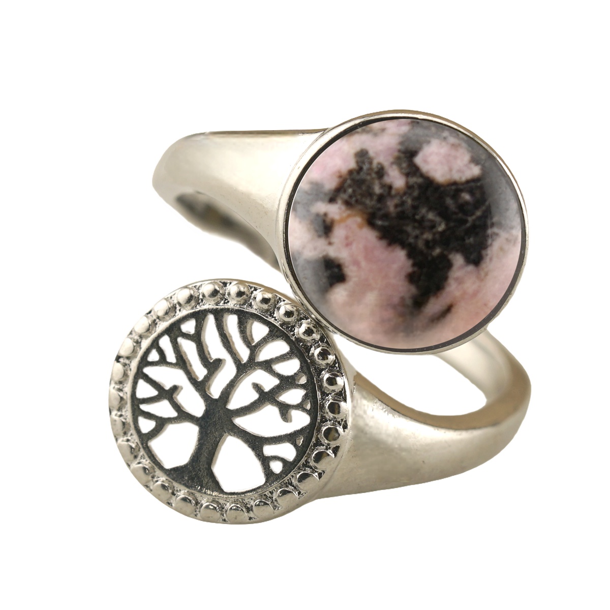 Silver Life of Tree Stone Rings for Women Men Adjustable 10MM Round Gemstone CAB SR0171S