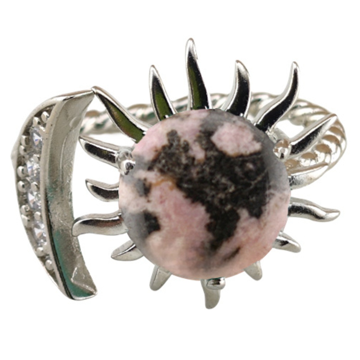 Silver Solar Stone Rings for Women Men Adjustable 10MM Gemstone Cabochons Sun Moon Rings SR0178S