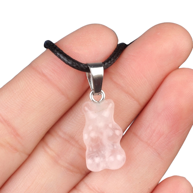 Natural Gemstone Bear Pendant Necklace 18" Black Cord 10x18MM Handmade Craved Animal 