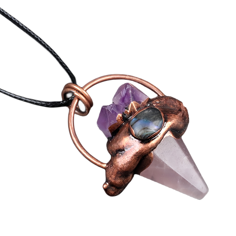 Retro Red Copper Hexagonal Pyramid Stone Pendant Necklace 45CM Black Cord