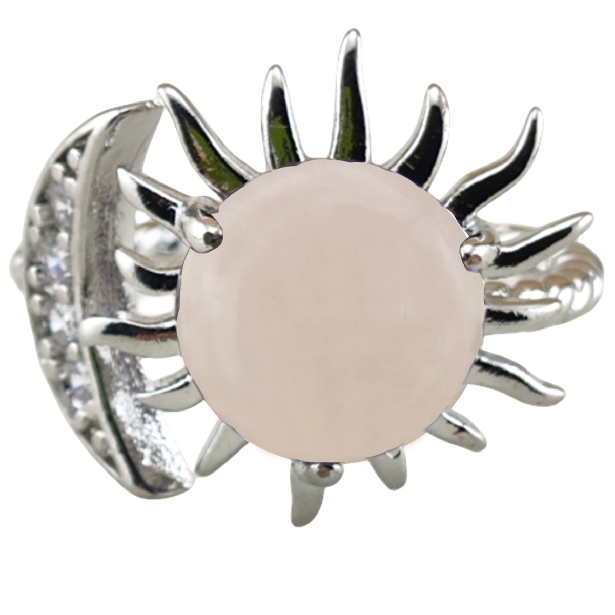 Silver Solar Stone Rings for Women Men Adjustable 10MM Gemstone Cabochons Sun Moon Rings SR0178S